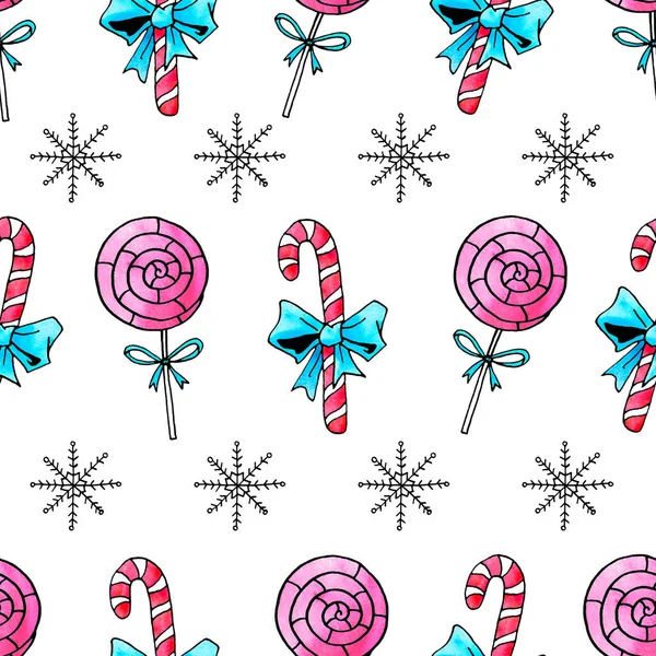 Seamless hand drawn pattern. Watercolor candy cane, sweets, lollipop. New year, Xmas, holidays backgrounds and texture. For greeting cards, wrapping paper, fabric, print — Stock Photo, Image