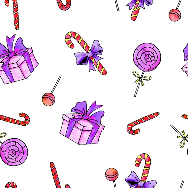 手描きのシームレスなパターン。水彩キャンディ杖、お菓子、ロリポップ。新年、クリスマス、休日の背景とテクスチャ。グリーティングカード、包装紙、布、プリント用 — ストック写真