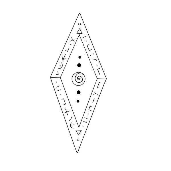 Rhombus, Diamond, crystal, logo of the elements of nature. Elements of ethno, fantasy, antiquity, amulets, secret symbols. Doodle hand drawn outline — Stock Photo, Image