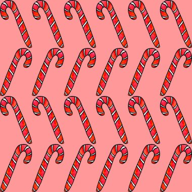 Şekerleme, şeker ve lolipopla kusursuz bir el çizimi. Yeni yıl ve Noel arkaplanı ve dokusu. Tebrik kartları, ambalaj kağıdı, ambalaj, kumaş, takvimler, baskılar için