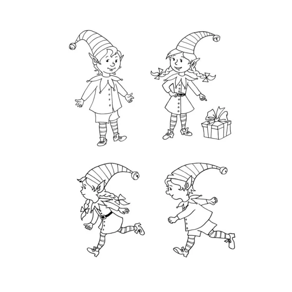 Lindos pequeños Elfes de Navidad. Año nuevo personajes de Navidad. Patrón dibujado a mano, dibujos animados, garabatos, arte de línea, contorno. Ilustración simple para tarjetas de felicitación, calendarios, impresiones, libro para colorear para niños — Foto de Stock
