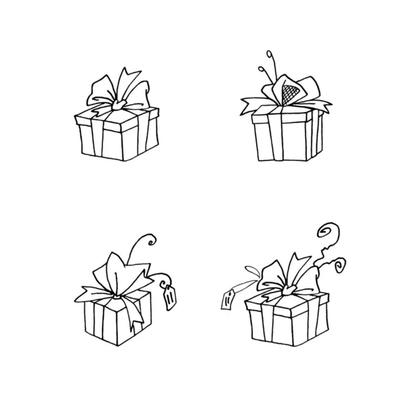 Set of Gift, present box. Christmas, new year, birthday, other holiday. Simple illustration for greeting cards, calendars, prints, children's coloring book. Doodles outline hand drawn — Stock Photo, Image