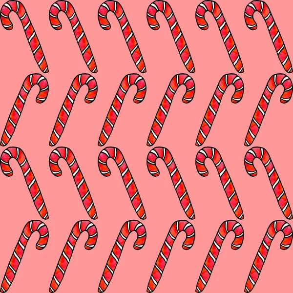 Seamless hand drawn pattern with watercolor candy cane, sweets, lollipop. New year and Christmas backgrounds and texture. For greeting cards, wrapping paper, packaging, fabric, calendars, prints