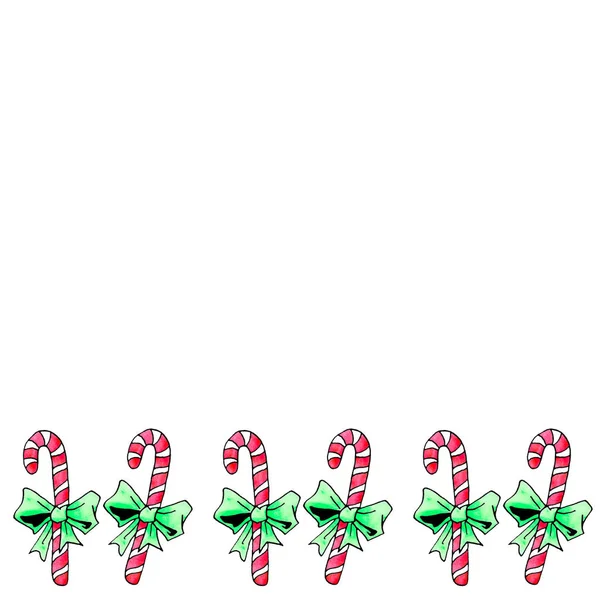 Бесшовный рисунок с леденцовой тростью в ряд на нижнем краю. Новый год, Рождество, праздники. Для поздравительных открыток, оберточной бумаги, упаковки, текстиля, ткани, принтов — стоковое фото