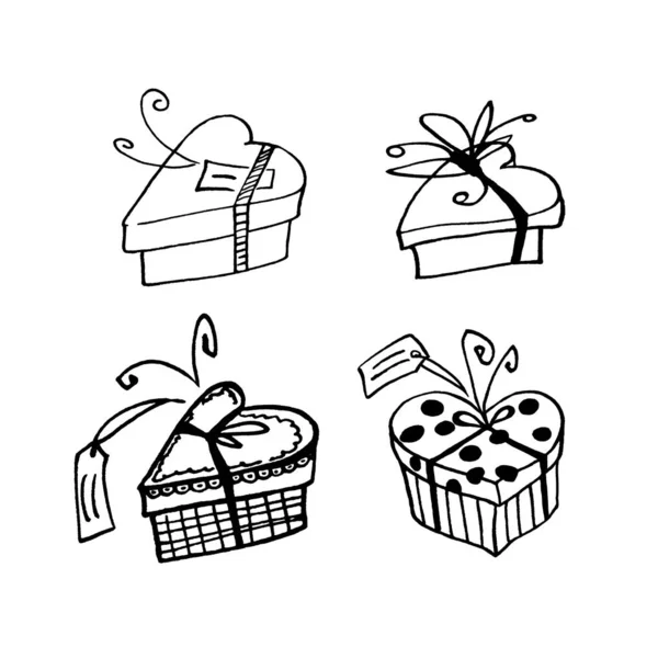 Set de caja regalo en forma de corazón. Dulces de chocolate. Doodles, arte de línea, dibujado a mano. Para Navidad, año nuevo, cumpleaños, día de San Valentín, boda, días festivos — Foto de Stock