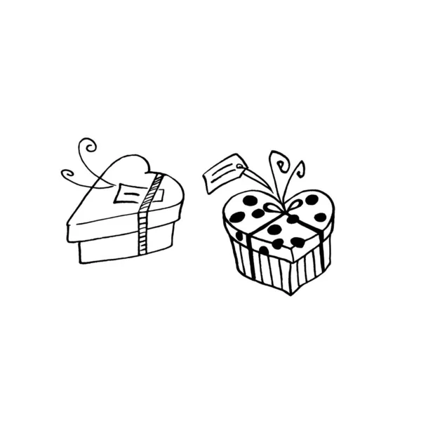 Set de caja regalo en forma de corazón. Dulces de chocolate. Doodles, arte de línea, dibujado a mano. Para Navidad, año nuevo, cumpleaños, día de San Valentín, boda, días festivos —  Fotos de Stock