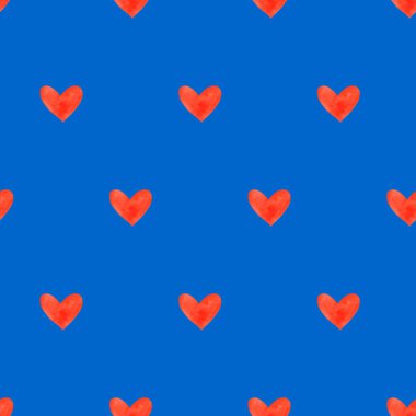 Suluboya kalpli kusursuz bir desen. Romantik aşk elinin arka plan dokusu. Kutlama kartları, ambalaj kağıtları, ambalaj, düğün, doğum günü, kumaş, tekstil, Sevgililer Günü, Anneler Günü