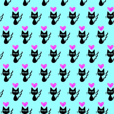 Kalpleri ve kedileri olan hoş, kusursuz bir desen. Geçmişin romantik dokusu, ambalaj kağıdı, ambalaj kağıdı, tebrik kartları, baskılar, kapaklar, kumaş, tekstil, doğum günü, Sevgililer Günü