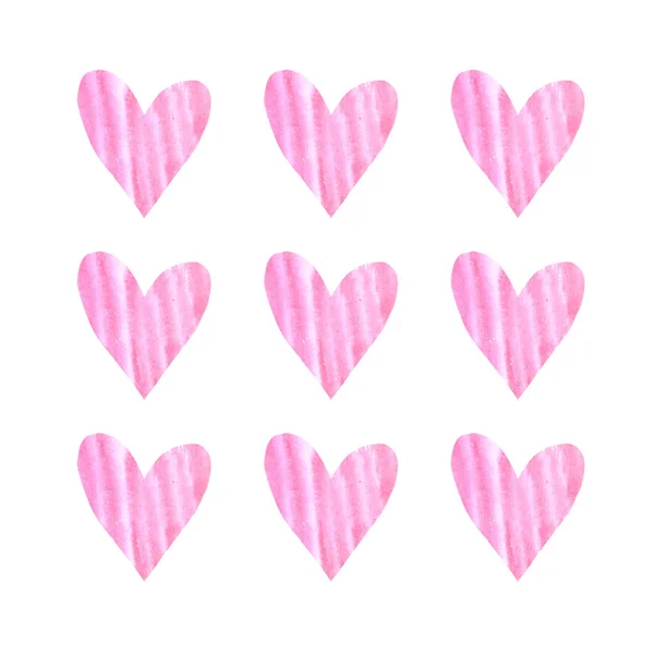 Corações de aquarela em fila. Perfeito para criar cartões postais românticos e decoração do Dia dos Namorados. Mão desenhada. Isolado sobre fundo branco — Fotografia de Stock