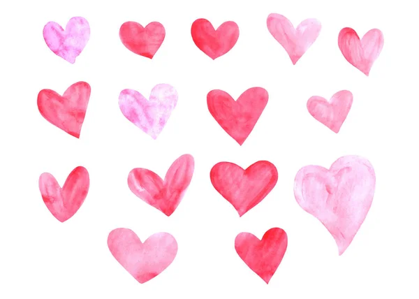 Rózsaszín piros és kék akvarell szívek. Tökéletes romantikus képeslapok és Valentin napi dekoráció készítéséhez. Kézzel rajzolt. Fehér alapon elszigetelve — Stock Fotó
