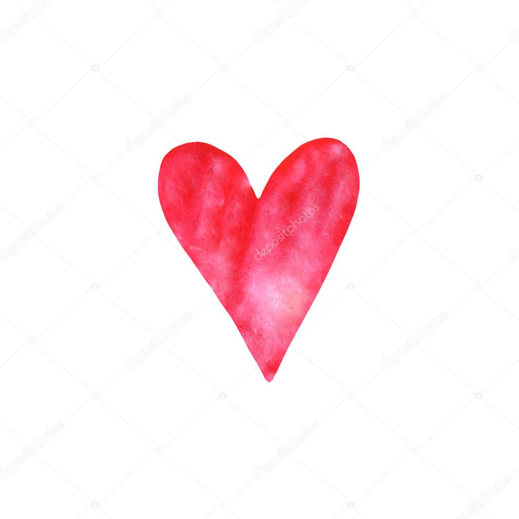 Red pink watercolor heart isolated on white background. Gentle, romantic background for design of cards, invitations