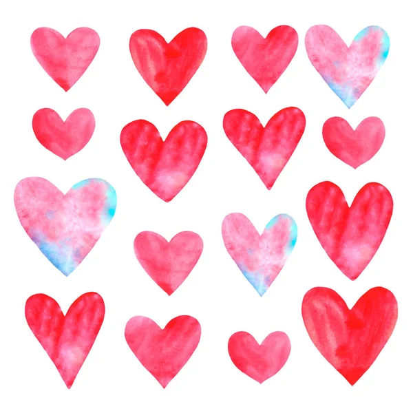 Rózsaszín piros és kék akvarell szívek. Tökéletes romantikus képeslapok és Valentin napi dekoráció készítéséhez. Kézzel rajzolt. Fehér alapon elszigetelve — Stock Fotó