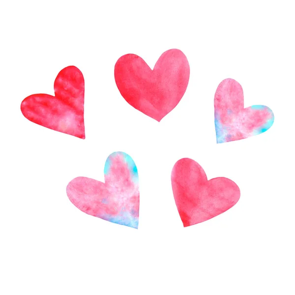 Zestaw różowy czerwony i niebieski akwarela serca. Idealny do tworzenia romantycznych pocztówek i wystroju Walentynek. Ręcznie rysowane. Izolacja na białym tle — Zdjęcie stockowe