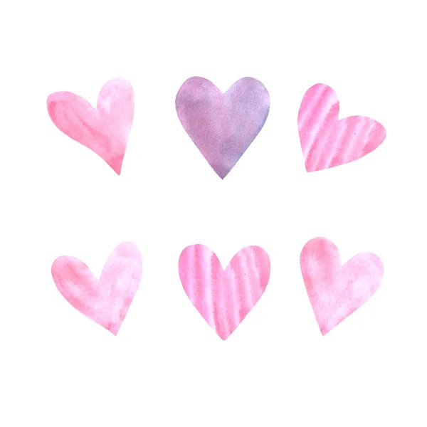 Zestaw różowy czerwony i niebieski akwarela serca. Idealny do tworzenia romantycznych pocztówek i wystroju Walentynek. Ręcznie rysowane. Izolacja na białym tle — Zdjęcie stockowe