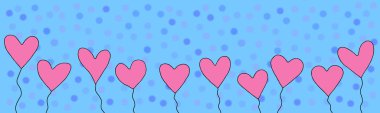 Kalpleri balonlu uzun yatay afiş. Parlak, neşeli, neşeli yaz, doğum günü için bahar arkaplanı, Sevgililer Günü, tebrikler, aşk ilanları