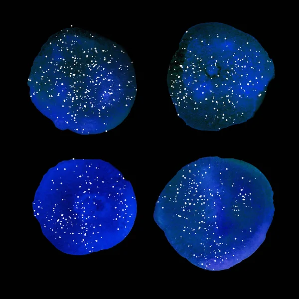 宇宙のダークブルーの水彩のスポットのセット。宇宙の抽象的な惑星。手描き。背景、カード、テキスト、ロゴ、タグの使用 — ストック写真