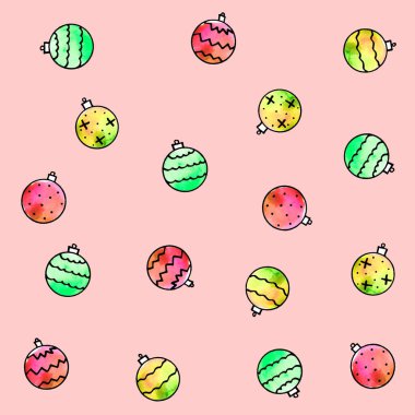 Suluboya Noel ağacı toplarıyla kusursuz desen. Yeni yıl Xmas arka plan dokusu. El çizimi. Tebrik kartları, ambalaj kağıdı, ambalaj, kumaş, takvimler, baskılar için