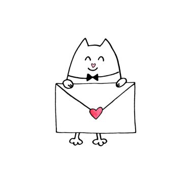 Aşk mektubu olan sevimli bir kedi. Tebrik kartı için tasarım ögesi, Sevgililer Günü, doğum günü, boyama kitabı