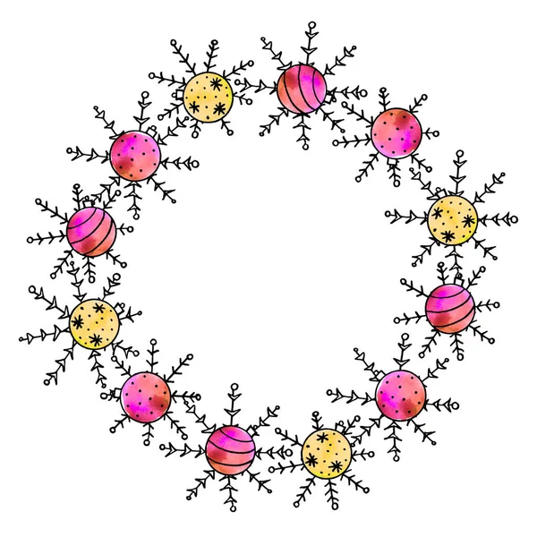 Julafton och nyår enkel krans av snöflingor. För gratulationskort: God Jul. Bakgrund för vintersemester. Doodle tecknad illustration — Stockfoto