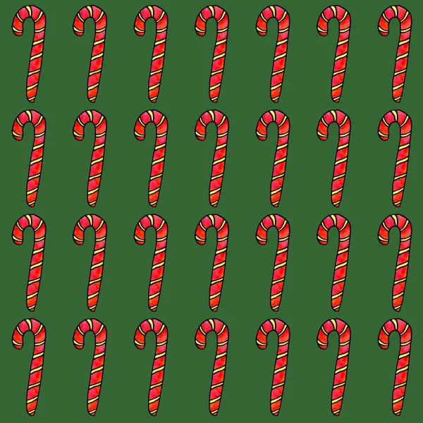 Nahtloses handgezeichnetes Muster mit Zuckerrohr in Aquarell, Süßigkeiten, Lutscher. Neujahr und Weihnachten Hintergründe und Textur. Für Grußkarten, Geschenkpapier, Verpackungen, Stoffe, Kalender, Drucke — Stockfoto