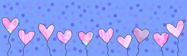 Μακρύ οριζόντιο πανό με καρδιές μπαλόνια. Φωτεινό, γιορτινό, χαρούμενο καλοκαίρι, ανοιξιάτικο φόντο για γενέθλια, ημέρα του Αγίου Βαλεντίνου, συγχαρητήρια, δηλώσεις αγάπης — Φωτογραφία Αρχείου