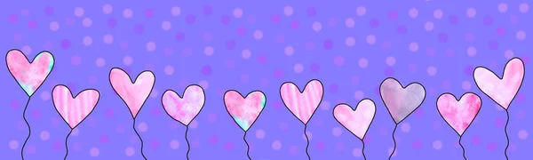 Banner orizontal lung cu inimi de baloane. Luminos, festiv, vară veselă, fundal de primăvară pentru ziua de naștere, Ziua Îndrăgostiților, felicitări, declarații de dragoste — Fotografie, imagine de stoc