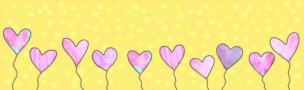 Lange horizontale banner met ballonnen hartjes. Heldere, feestelijke, vrolijke zomer, voorjaarsachtergrond voor verjaardag, Valentijnsdag, gefeliciteerd, liefdesverklaringen — Stockfoto