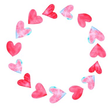 Geçmişi, kırmızı pembe mavi suluboya kalplerin çerçeveleri. El çizimi. Doğum günü için aşk teması, Sevgililer Günü, tebrik kartı, düğün, baskı