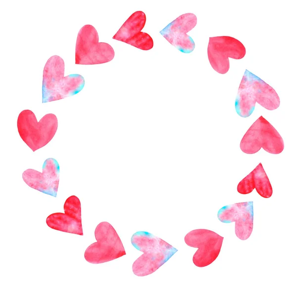 Φόντο, πλαίσια από κόκκινες ροζ μαύρες καρδιές ακουαρέλας. Χέρι ζωγραφισμένο. Ερωτικό ειδύλλιο θέμα για γενέθλια, ημέρα του Αγίου Βαλεντίνου, ευχετήρια κάρτα, γάμος, εκτύπωση — Φωτογραφία Αρχείου