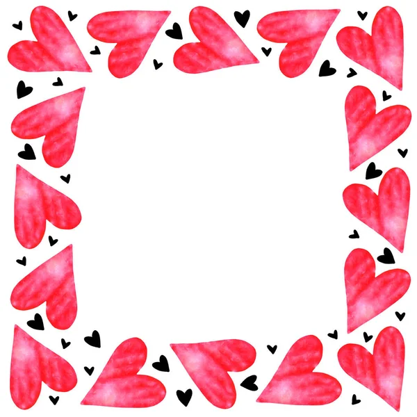 Achtergronden, frames van rood roze blauw zwart aquarel hartjes. Handgetekend. Liefde romantiek thema voor verjaardag, Aftelkalender voor Valentijnsdag, wenskaart, bruiloft, print — Stockfoto