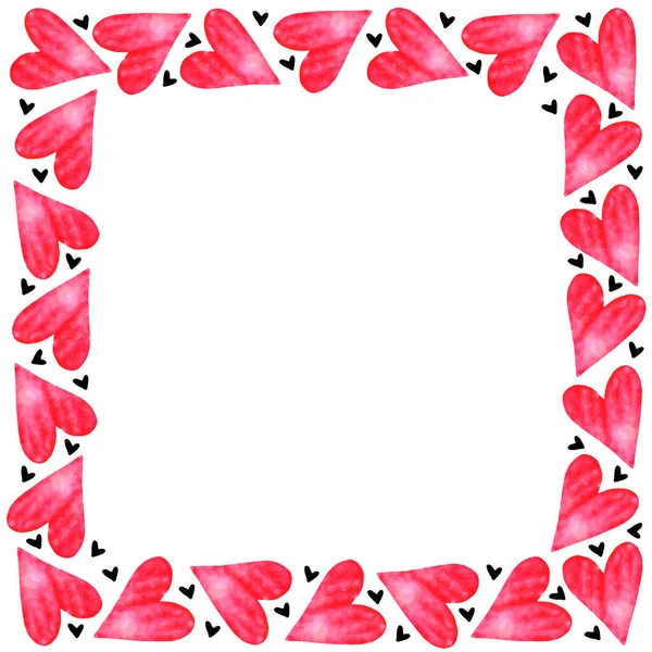 Φόντο, πλαίσια από κόκκινες ροζ μαύρες καρδιές ακουαρέλας. Χέρι ζωγραφισμένο. Ερωτικό ειδύλλιο θέμα για γενέθλια, ημέρα του Αγίου Βαλεντίνου, ευχετήρια κάρτα, γάμος, εκτύπωση — Φωτογραφία Αρχείου