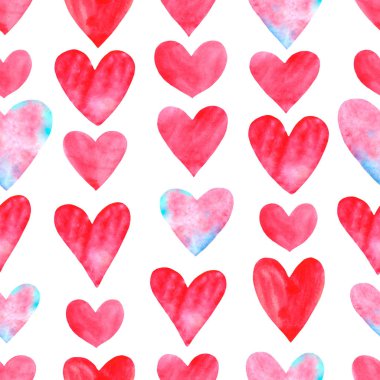 Geçmişler, dokular, çerçeveler suluboya kalplerin kusursuz desenleri. El çizimi. Doğum günü için aşk teması, Sevgililer Günü, tebrik kartı, düğün, ambalaj kağıdı