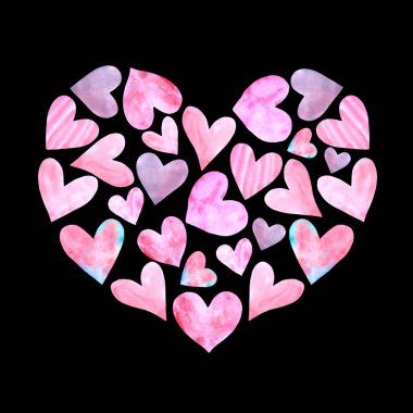 Küçük suluboya kalplerin geniş arka planı. El çizimi. Doğum günü için aşk teması, Sevgililer Günü, tebrik kartı, düğün, ambalaj kağıdı