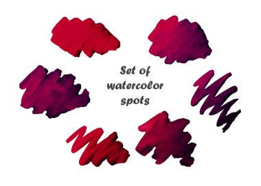 Koyu kırmızı suluboya lekeler, beyaz arka planda izole edilmiş felçler. El çizimi. Kart, metin, logo, etiket için kullan