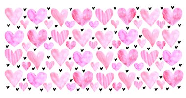 Geçmişler, dokular, çerçeveler suluboya kalplerin kusursuz desenleri. El çizimi. Doğum günü için aşk teması, Sevgililer Günü, tebrik kartı, düğün, ambalaj kağıdı