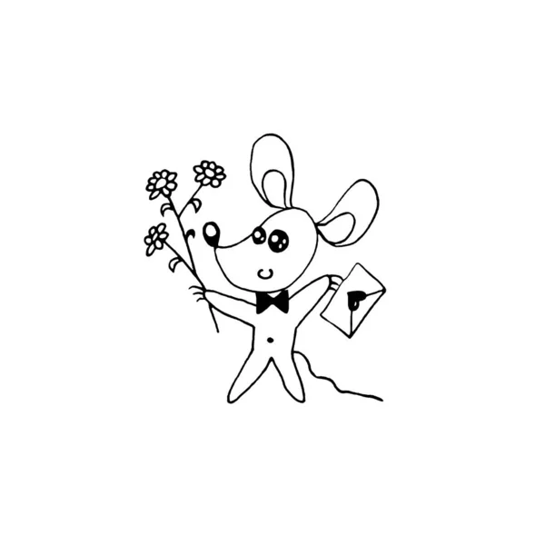 Um rato de contorno bonito simples com uma carta de amor e um buquê de flores. Doodle. Elemento de design para cartão de saudação, Dia dos Namorados, aniversário, livro de colorir, impressões, emblemas de logotipo web papelaria — Fotografia de Stock