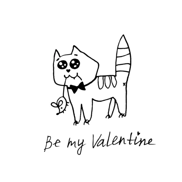 Simple cute contoured cat with a mouse in its teeth. Doodle. Design element for greeting card, Valentine's Day, birthday, coloring book, postcard, prints, logo badges stationery web — Stock Photo, Image