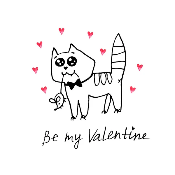 Simple cute contoured cat with a mouse in its teeth. Doodle. Be my Valentine. Design element for greeting card, Valentine's Day, birthday, coloring book, postcard, prints, logo badges stationery web — 스톡 사진