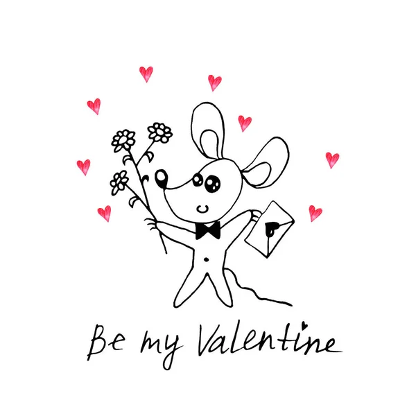 A simple cute contour mouse with a love letter and flowers. Doodle. Be my Valentine. Design element for greeting card, Valentine's Day, birthday, coloring book, prints, logo badges stationery web — Stock Photo, Image