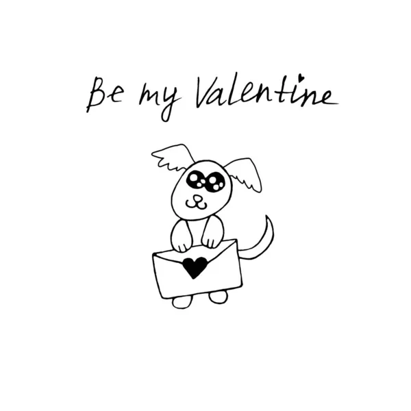 Simple cute contour dog with love letter. Doodle. Be my Valentine. Design element for greeting card, Valentine\'s Day, birthday, prints, coloring book, logo badges stationery web