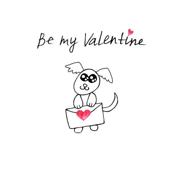 Simple cute contour dog with love letter. Doodle. Be my Valentine. Design element for greeting card, Valentine's Day, birthday, coloring book, prints, logo badges stationery web — 스톡 사진