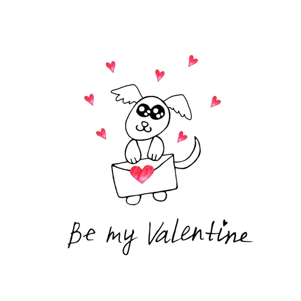 Perro de contorno lindo simple con carta de amor. Doodle. Sé mi Valentine. Elemento de diseño para tarjeta de felicitación, Día de San Valentín, cumpleaños, libro para colorear, impresiones, insignias de logotipo papelería web —  Fotos de Stock