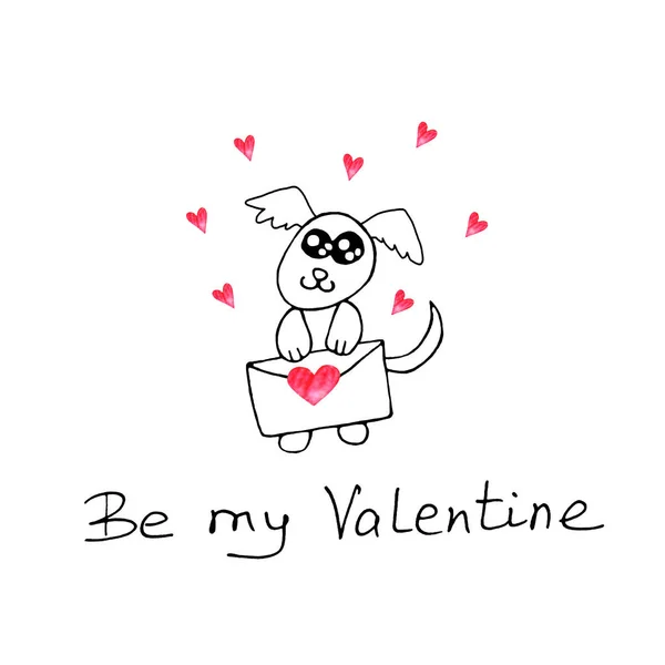 Anjing lucu sederhana dengan surat cinta. Doodle. Jadilah Valentine-ku. Elemen desain untuk kartu ucapan, Hari Valentine, ulang tahun, buku mewarnai, cetakan, logo lencana alat tulis web — Stok Foto