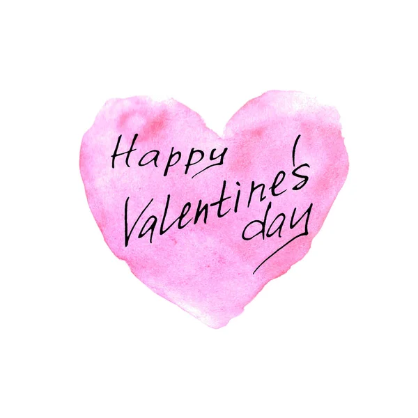 Hand lettering of Valentine's Day on the background of a watercolor heart. Greeting phrase, handwriting isolated for card, logo, typography, banners, labels, icons, printing, stationery, posters, web — Stock Photo, Image