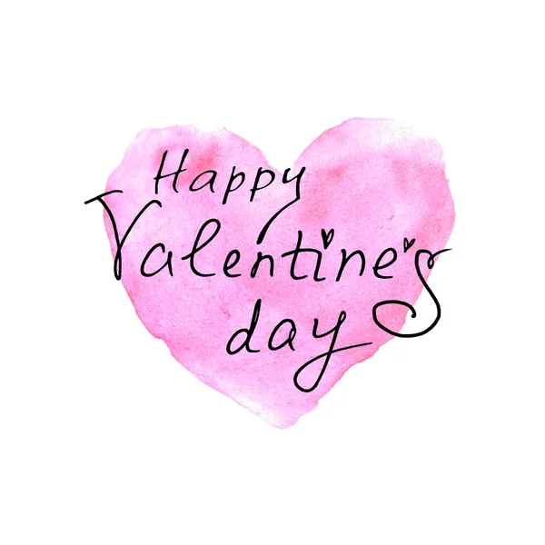 Hand lettering of Valentine's Day on the background of a watercolor heart. Greeting phrase, handwriting isolated for card, logo, typography, banners, labels, icons, printing, stationery, posters, web — Stock Photo, Image