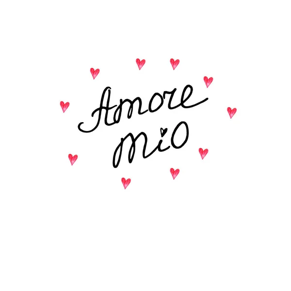 Amore Mio. Lettrage à la main de la Saint Valentin isolé sur fond blanc. Phrase, écriture isolée pour cartes de vœux, logo, bannières, étiquettes icônes impression papeterie affiches web — Photo