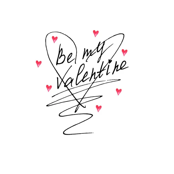 Be my Valentine. Hand lettering of Valentine's Day isolated on white background. Phrase, handwriting for greeting cards, logo, banners, labels icons printing stationery posters web — Stock Photo, Image