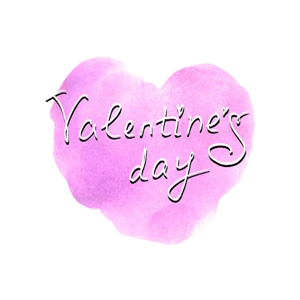 Hand lettering of Valentine's Day on the background of a watercolor spot. Greeting phrase, handwriting isolated for card, logo, typography, banners, labels, icons, printing, stationery, posters, web — Stock Photo, Image