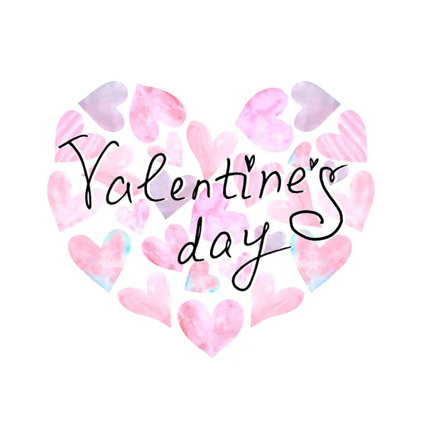 Hand lettering of Valentine's Day on the background of a watercolor heart. Greeting phrase, handwriting isolated for card, logo, typography, banners, labels, icons, printing, stationery, posters, web — Stock Photo, Image