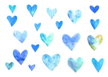 Mavi suluboya kalpler. Romantik kartpostallar ve Sevgililer Günü dekorasyonu için mükemmel. El çizimi. Beyaz arkaplanda izole